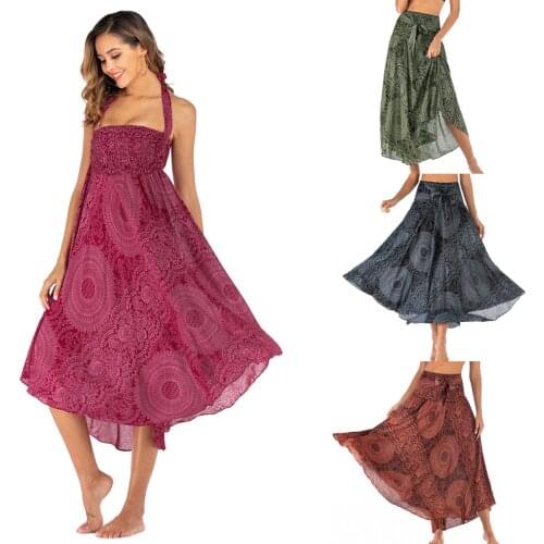 Summer Skirts Womens 2021 Long Hippie Bohemian Gypsy Boho Flowers Elastic Waist Floral Halter Long Skirt jupe longue femme