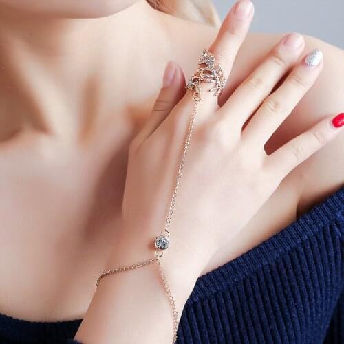 Diamond Leaf Hand Harness Bracelet Bangle Chain Finger Ring for Women Jewelry Accessories JL