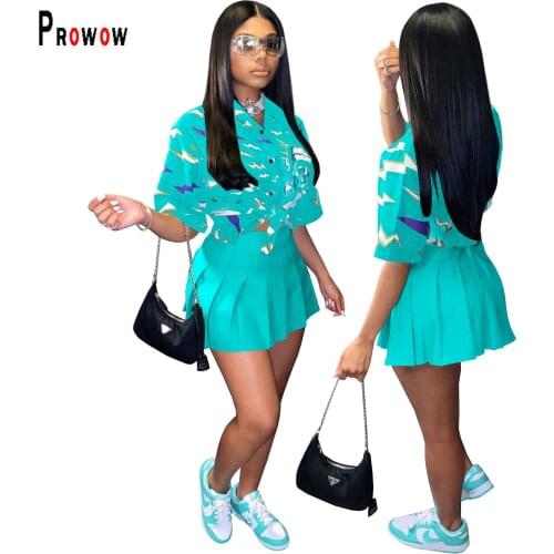 Prowow Women Clothing Set Fashion Print Short Sleeve Tops Skirt Two Piece Matching Suits 2021 New Summer Office Lady Outfits