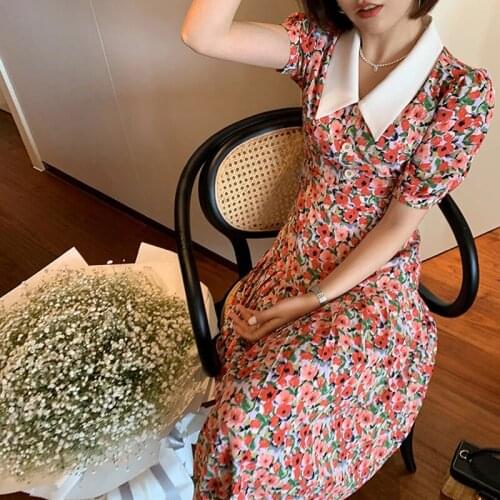 Herstory Office Lady Beach One Piece Dress Korean Casual 2021 Summer Sweet Elegant Dress Women Short Sleeve Floral Printed Dress