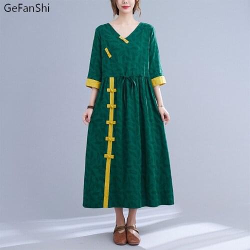 Summer 2021 Casual Loose Patchwork Vintage Dress Elegant Ladies Fashion Women Dresses Cotton Linen V-Neck Clothes Plus Size