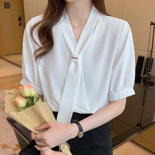 2021 Summer Chiffon Blouse Fashion Women White Shirts Women V Neck Blusas Mujer Short Sleeve Female Clothing with Tie 16385