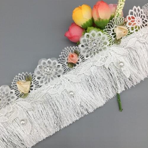 20x Diamond White Fringe Tassel Mesh Lace Trim 3D Flower Embroidered Lace Ribbon Fabric Sewing Craft Dress DIY Accessories 65mm