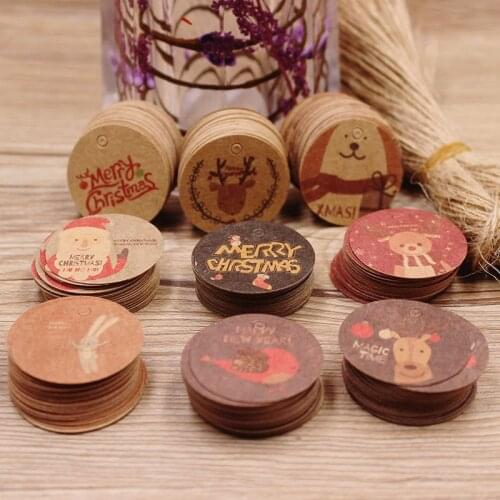 3cm round 100pcs Vintage kraft christmas paper gift hang tag for christmas favors/baby toy display package party suppiles