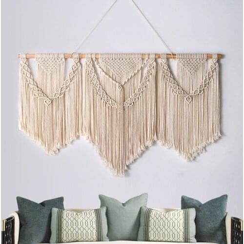 Boho Beige Crochet Hollow Tapestry for Farmhouse Hotel Cafe Retro Knitting Hand Woven Removable Door Partition Decoration