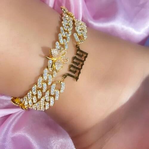 Hip hop Iced Out Rhinestone Cuban Chain Anklets for Women Birth Year Number Anklet Crystal Butterfly Foot Chain Bracelet Jewelry