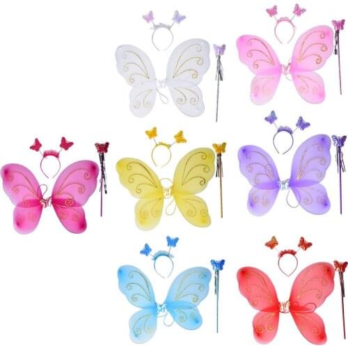 3Pcs Kids girls Fairy Princess Costume Sets colorful stage wear Butterfly Wand Headband