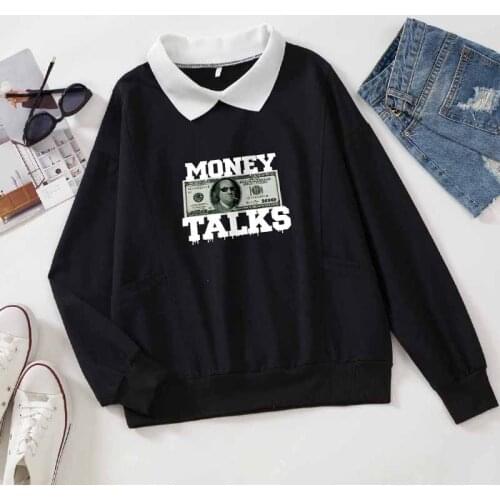 Cotton Sweatshirt Korean Turn Down Collar Pullover for Girls Retro Hoodie Women Money Printed Coat Oversized Harajuku Streetwear