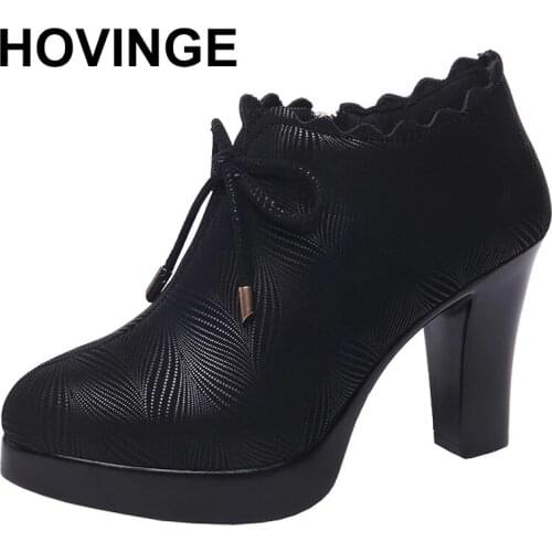 HOVINGEPlus Size 32-43 Block Heel Deep Mouth Platform Shoes Women Pumps 2021Fall Black High Heels Shoes Ladies Office Party Shoe