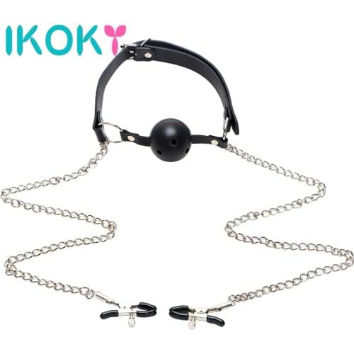 IKOKY Oral Fixation with Nipple Clamp Adult Games Nipple Stimulator Sex Toys for Women Men Couple Flirting Open Mouth Ball Gag