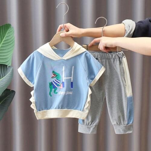 Summer New Boy Clothes Hooded Kids Clothing Sets Dinosaur Print Childrens Clothing Casual Baby Boy Clothes Short Boy Sets 1-5 Y