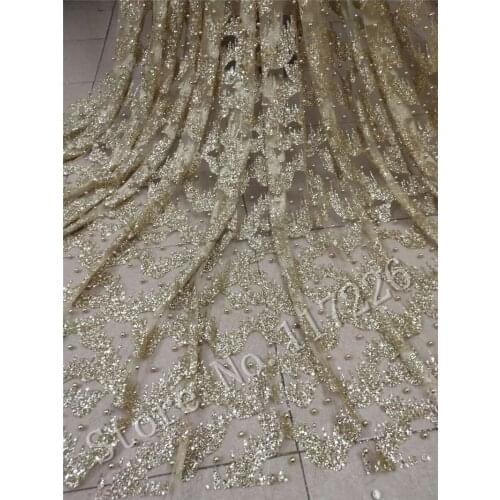 Top sale glitter mesh material with pearls for evening dress 5 yards special JRB-92811 glued glitter lace fabric