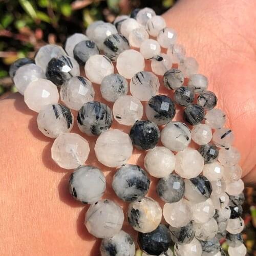 Wholesale AAA+ Natural Faceted Black Rutilated Quartz Stone Beads For jewelry Making DIY Necklace Bracelet 6/8/10 mm 7.5inche