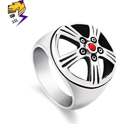 Punk Biker Men Rings SteamPunk Large Wheel Band Tire Ring Antique Silver Plated Red Crystal Stone Bagues Fashion Jewelry