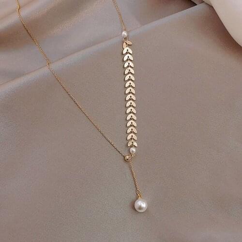 Design Sense Titanium Steel Wheat Leaf Pearl Pendant Gold Necklace For Woman Korean Fashion Jewelry Sexy Girls Clavicle Chain