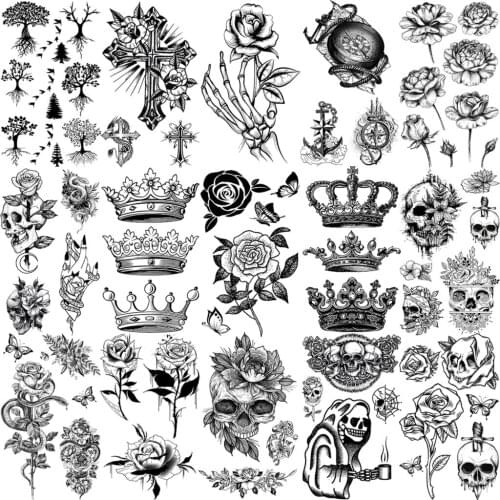 Realistic Rose Flower Crown Skull Temporary Tattoos For Women Adult Men Snake Tree Compass Anchor Fake Tattoo Small Tatoos Paper