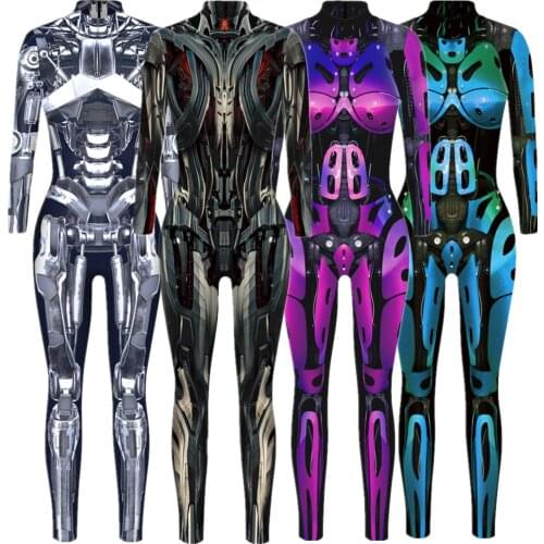 Robot Punk Jumpsuit Catsuit Sexy Women Cosplay Costumes Zentai Halloween Bodysuit Adult Rompers