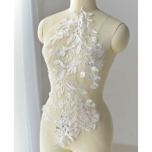 Champagne Embroidery sequins flower lace patch applique for wedding dress veil handmade diy material