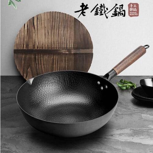 Modern Cast Iron Frying Pan Traditional Hand Hammered Forge Wooden Handle Non Stick Pan Poele Cuisine Kitchen Dining Bar Ec50pd
