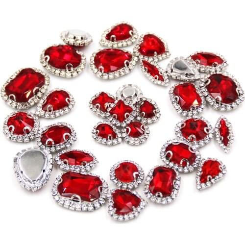 Wedding decorations silver base crystal buttons sew on Red glass rhinestones with cup chain rim diy clothing