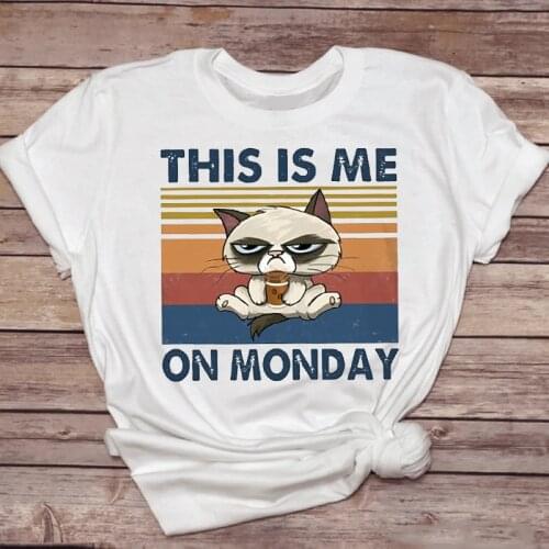 Women T-shirts Striped Cartoon Kawaii Cat Cool Fashion Clothing Casual Tshirt Sweet 90s Top Lady Print Stylish Tee T-Shirt