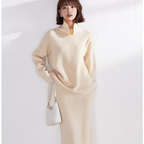 Turtleneck cashmere suit women loose sweater fashion two-piece 100% pure wool Suit bag hip fashion skirt Autumn and winter