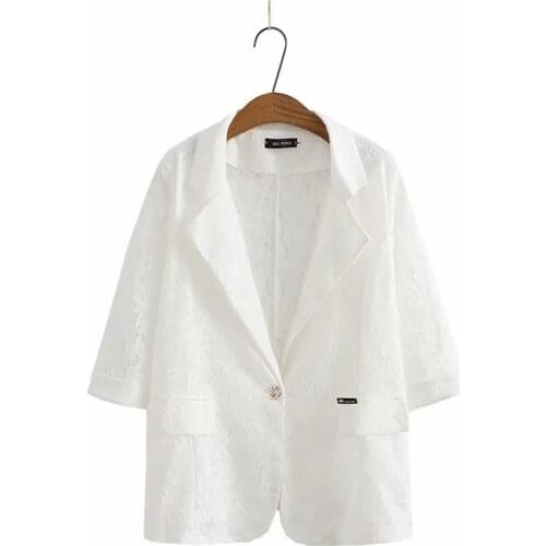 Plus Size 3XL-6XL Womens White Black V-neck Autumn Blazers Ladies' Hallow Out Half Sleeve Officewear Outerwear