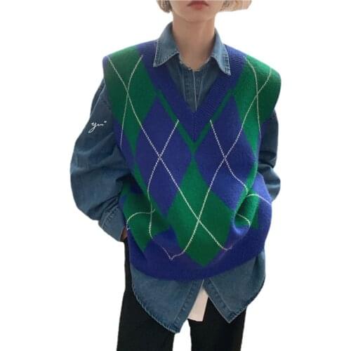 Retro Argyle V-Neck Sweater Vest for Women Autumn Fall Sleeveless Y2k Top Knitted Tank Loose Woman Sweaters Acrylic Outwear Coat