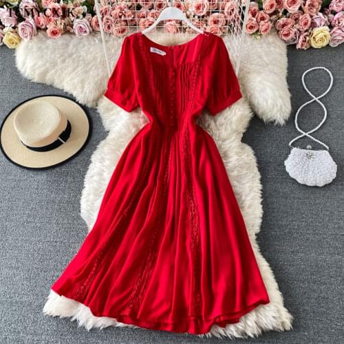 Korean Elegant Hollow Out Dress For Women Square Collar Short Sleeve Patchwork Lace Midi Dresses Female 2021 Summer Fashion
