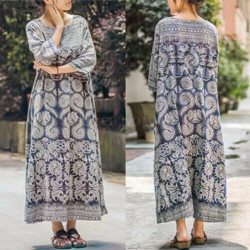 Women Floral Print 3/4 Sleeve Cotton Dresses Lady Casual Boho Beach Loose Maxi Abaya Evening Party Dress Sundress Vestidos