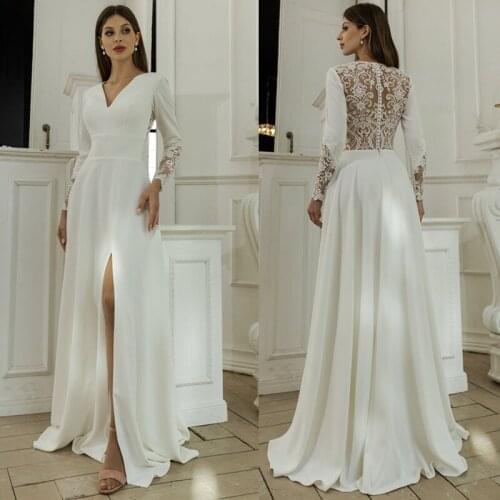 Crepe Wedding Dresses for Women 2021 Lace Appliques A-Line Slit Long Sleeve Bridal Gowns Bride Reception Dress Vestido De Noiva
