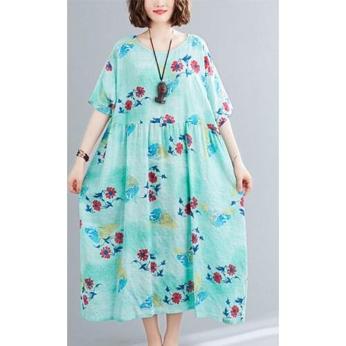 Plus Size 5XL 6XL Loose Women Dress Short Sleeve Soft Cotton Elegant Women Dress Print Floral Vintage Female Casual Midi Dress
