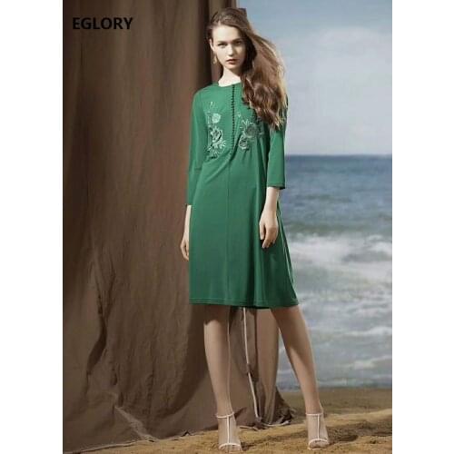 4XL 3XL Plus Size Clothing 2020 Spring Summer Dress Women O-Neck Luxurious Embroidery Vintage Buttons Deco Coffee Green Dress
