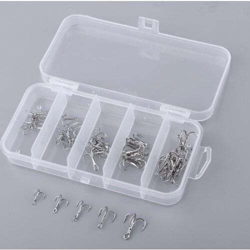 50pcs Fishing Treble Hooks Sharp Barb Lure Bait Fish Terminal Tackle Kit Silver Fishhooks