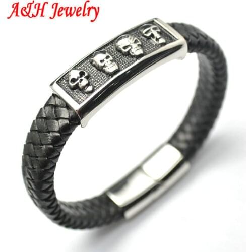 10pcs New Arrival Genuine Leather Weaved Wide Bracelets With 316L Skull Charms Bangles For Fashion Men Jewelry