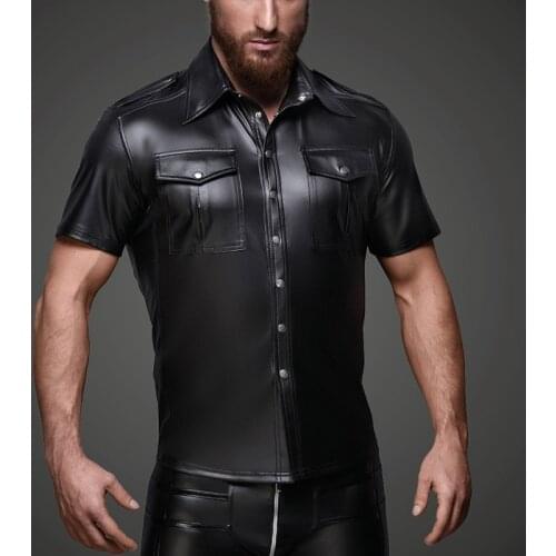 Men Faux leather Shirts PU Leather T Shirts Men Sexy Fitness Tops Gay Latex T-shirt Tees Mens stage Tops Tee Sexy Party Clubwear