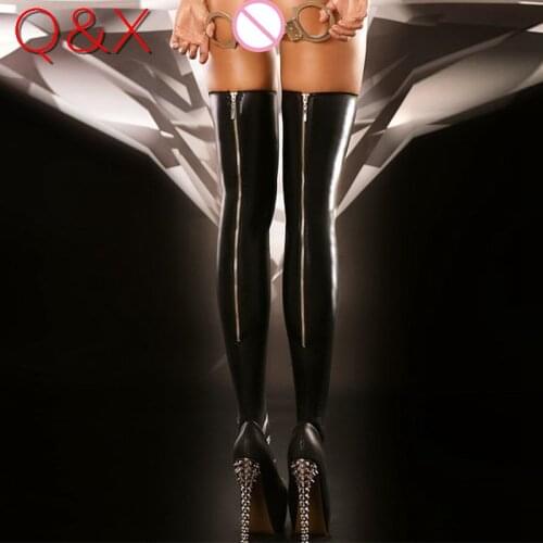 XX18 2017 Hot Black PU Leather Stockings Back Zipper Women Stocking Brand New Sexy Lady Trendy Leg Wear with Stay Up Stockings