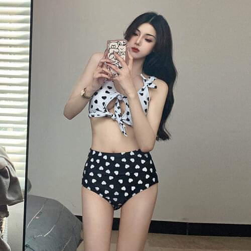 Hot Spring Korean New Split Sling Tie Knot Hollow Love Printing High Waist Three-Piece Swimsuit Sexy Bikini Small Fresh Swimsuit
