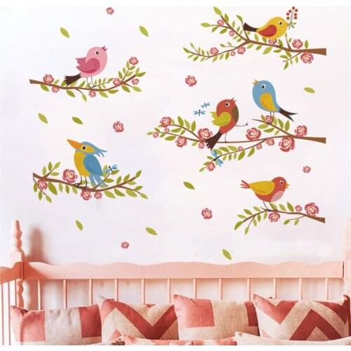 Cute Birds On Floral Branch Wall Sticker For Kids Room Bedroom Home Decoration Cartoon Animal Mural Art Diy Pvc Posters Decals