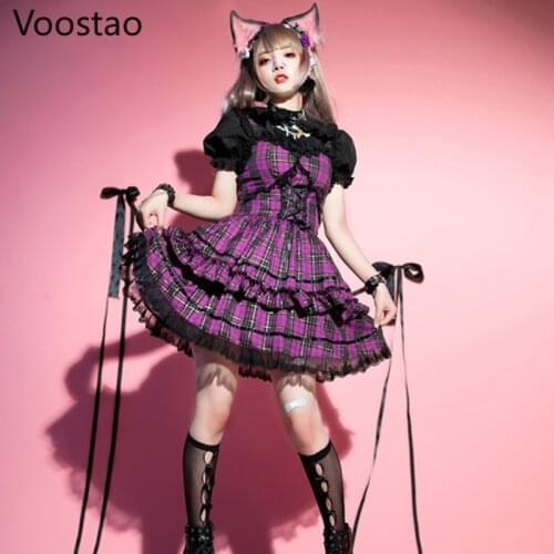 Gothic Plaid Mini Dress Women Vintage Lolita Style High Waist Party Strap Dresses Girls Harajuku Lace Ruffles Bandage Punk Dress