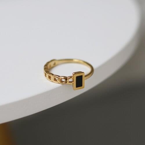MODAGIRL 18K Gold Black Enamel Rectangle Gold Signet Ring Stainless Steel Cuban Link Stacking Ring for Girl Graduation Gifts