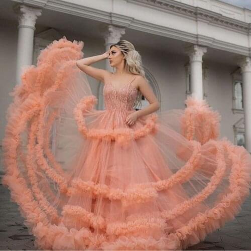 Fashion Sexy Summer Dress Tulle Ruffle Layered Prom Dress Spaghetti Strap A-Line Floor Length Sequin Photography Plus Size