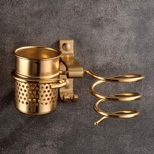 Golden Hair Dryer Rack with Cup Wall Mount Hair Blow Dryer Aluminum Shelf Hanging Rack for Bathroom Washroom Accessories