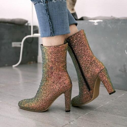 New Series Winter Women High Heel Ankle Boots Fashion Sequined Fabric With Zipper Ladies Boots Nightclub Party Sparkling Shoes
