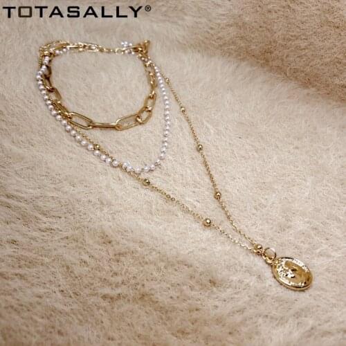 TOTASALLY Fashion Womens Simulated Pearl Beaded Curb Chain Coin Pendant Necklace For party show Lady Jewelry Gifts Dropship