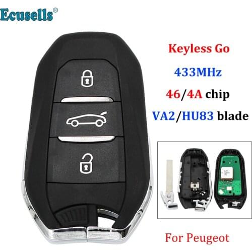 DS Smart Keyless Go 3 Buttons Remote Key 433MHz PCF7953 46/4A Chip for Peugeot 208 308 508 3008 5008 Uncut HU83 or VA2 Blade