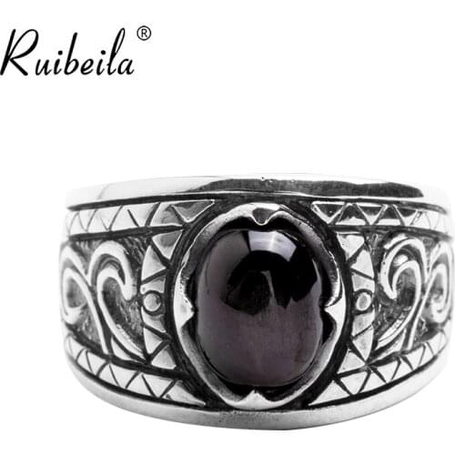 Ruibeila retro Tang grass pattern black agate gemstone open ring 100% 925 silver adjustable size jewelry ring