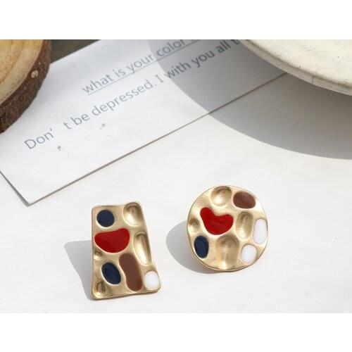 Colorful Enamel Geometric Round Square Hammer Matte Gold Clip On Earrings for Women Girl Vintage Non Pierced Ear Clips Jewelry