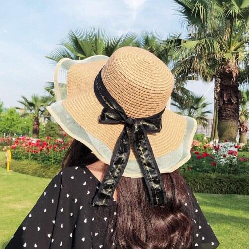 Summer Hat Female Net Yarn Straw Hat Sunshade Foldable Breathable Sunscreen Big Brim Straw Hat Beach Hat