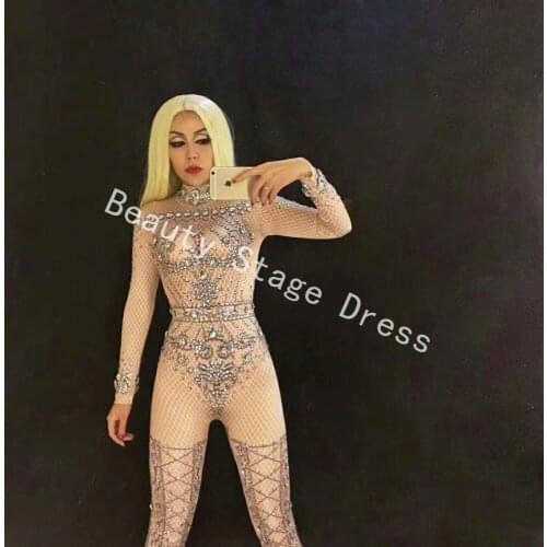 Stretch Nude Glisten Stones Jumpsuit long Sleeves Pattern Bodysuit Performance Party Celebrate luxurious Costume Dance Clothing